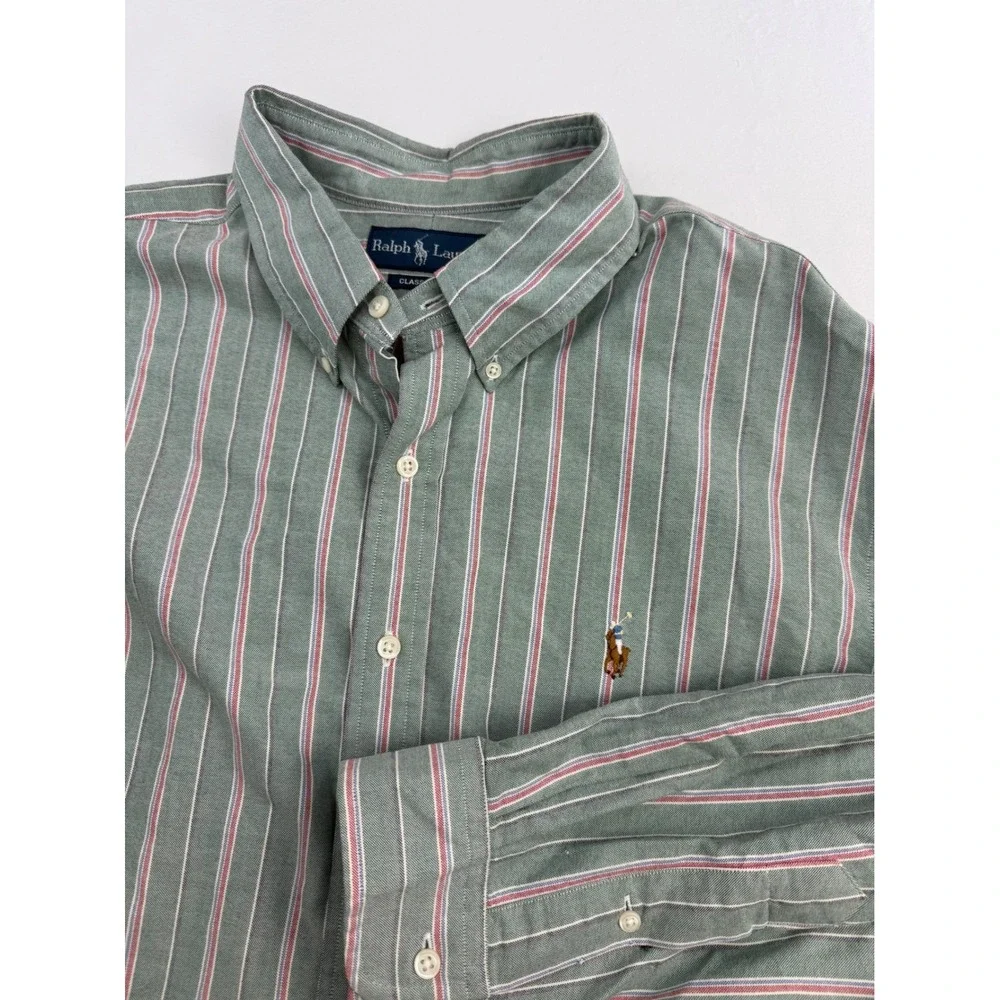 Ralph Lauren Classic Fit Mens XXL Green Striped Oxford Button Down Shirt Cotton